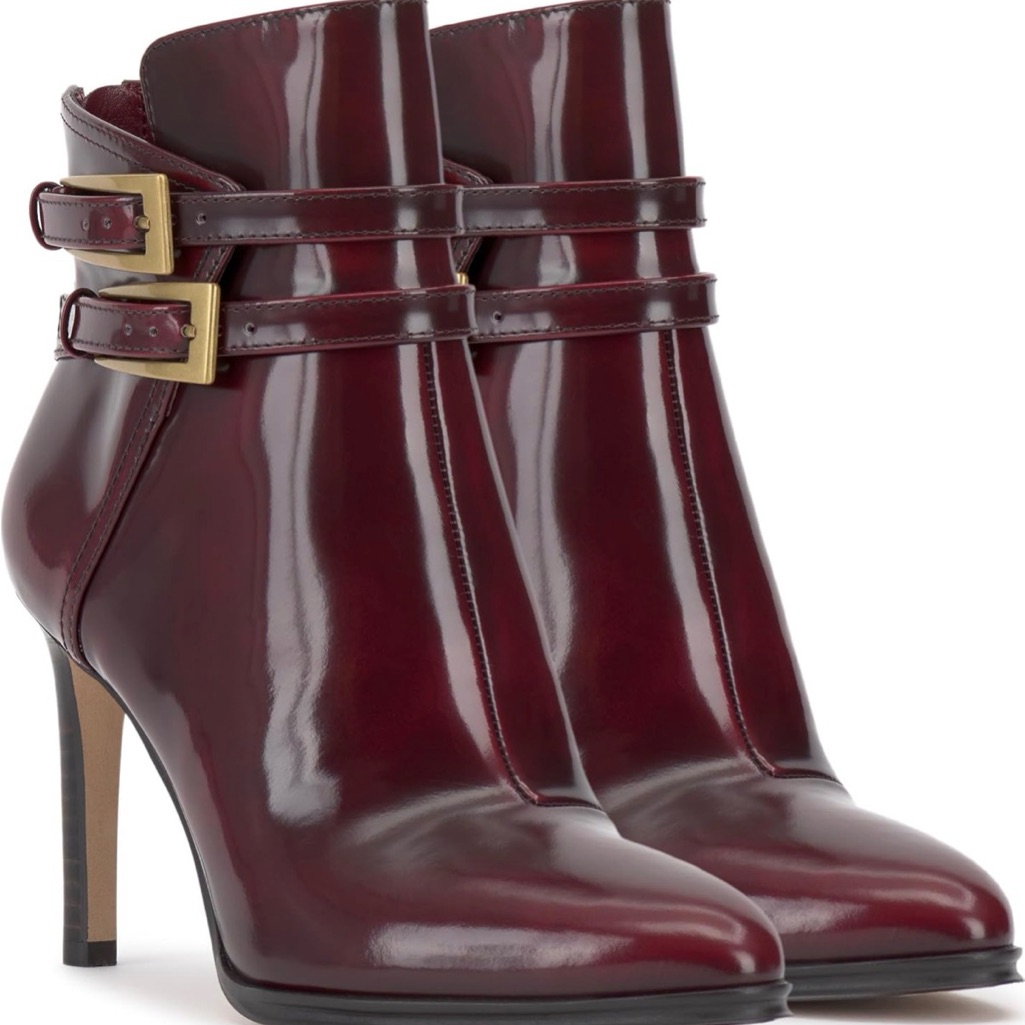 Vince Camuto Burgundy Patent Leather Ankle Boots With Buckle Straps